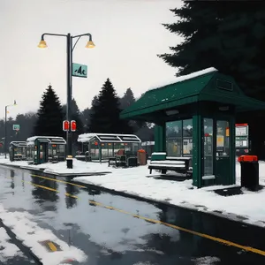 Urban winter scene with gas pump on city street.