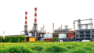 Industrial Power Plant Tower Emitting Pollution Through Chimney.