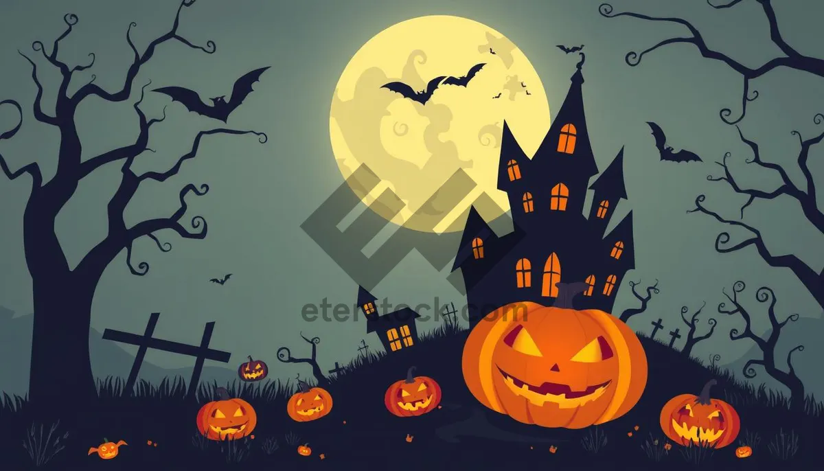 Picture of Halloween night silhouette with pumpkin tree and bat