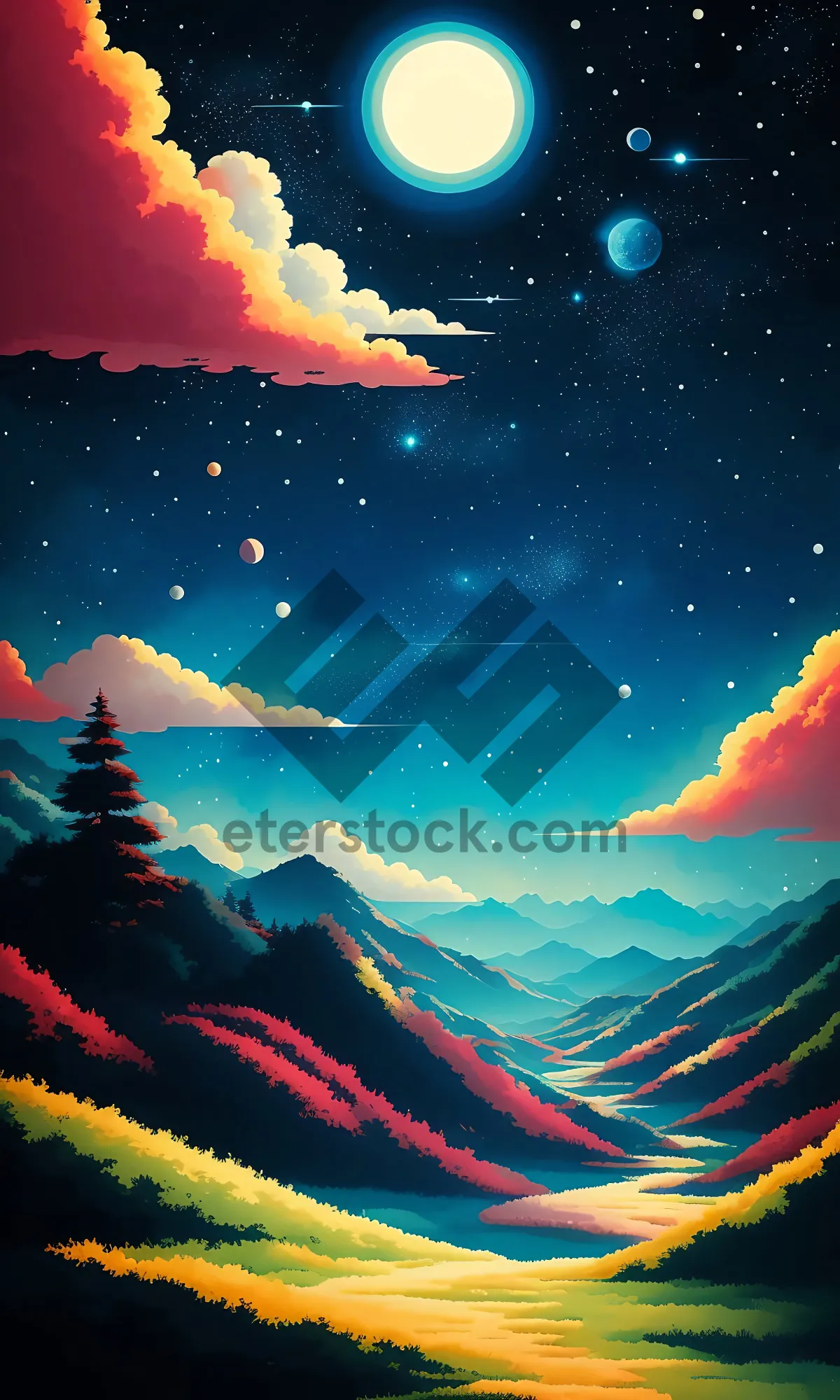 Picture of Fantasy Winter Sky with Snowflakes and Stars