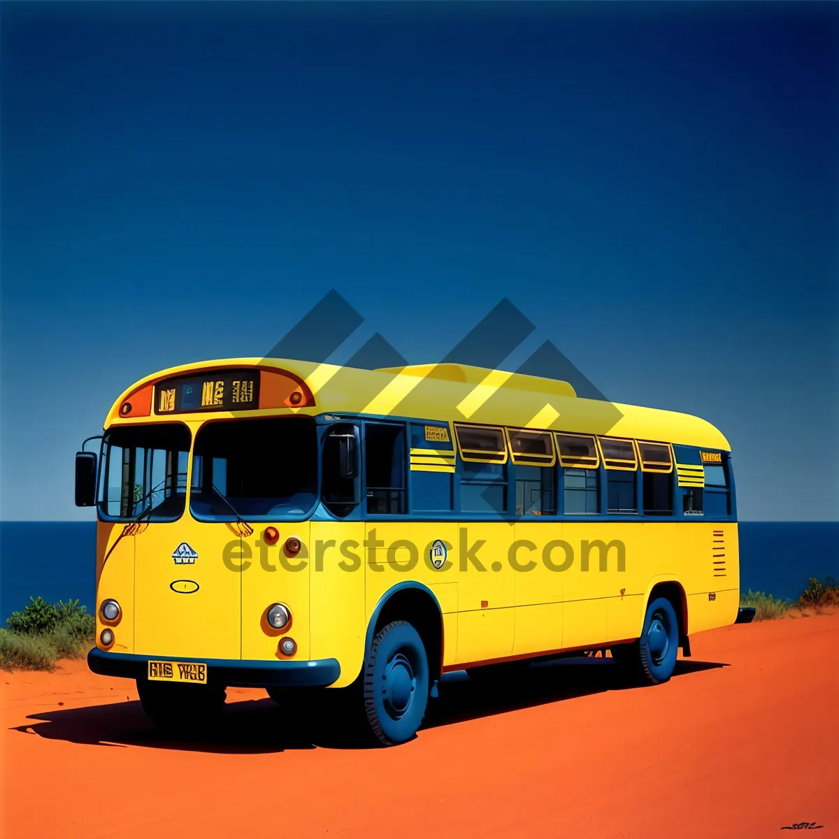 Picture of Public School Bus on Road with Blue Sky