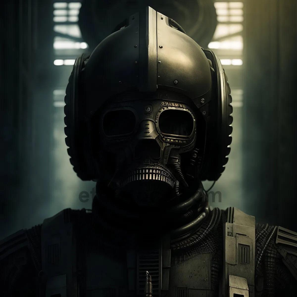 Picture of Gas mask soldier in protective gear against pollution.