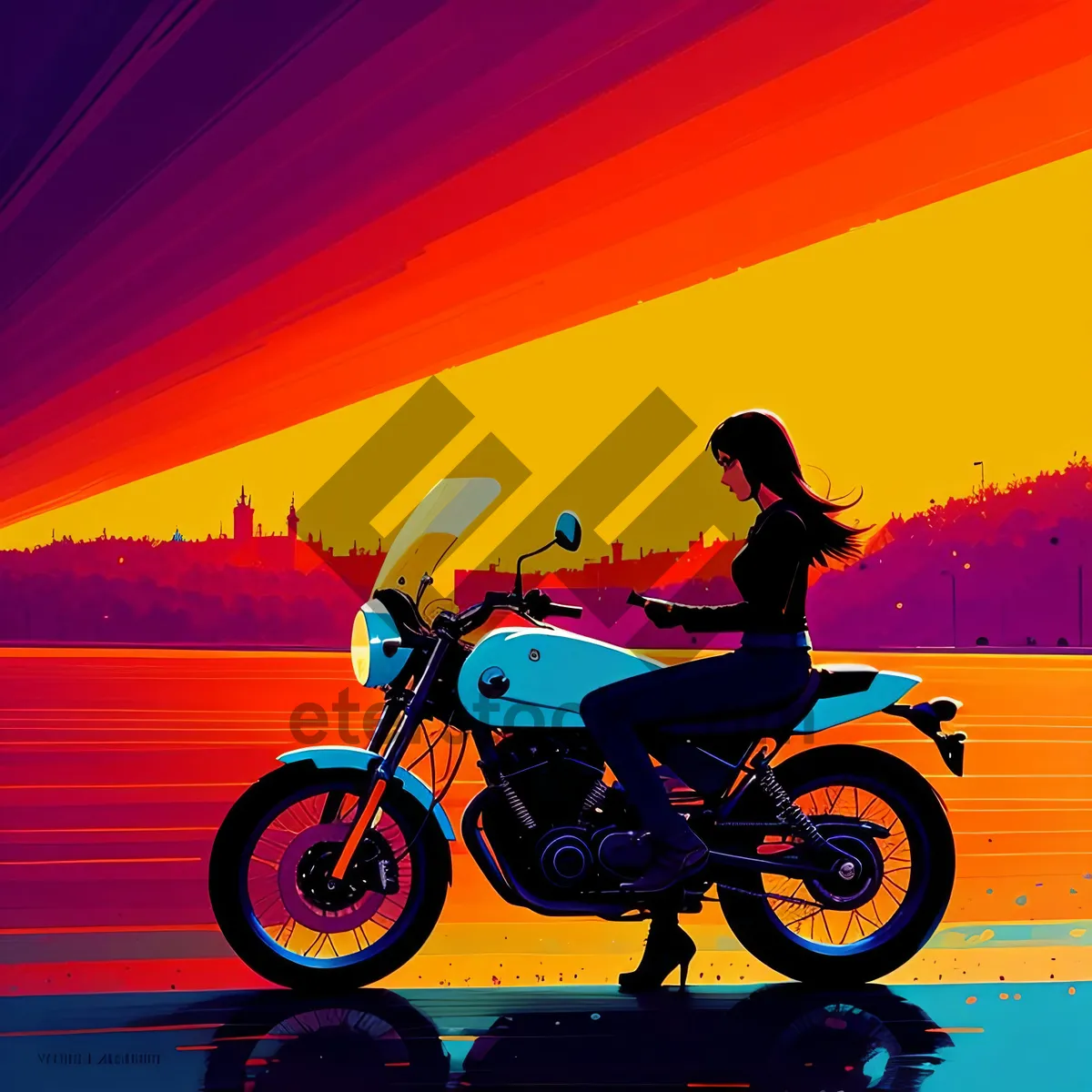 Picture of Silhouette of Cyclist Riding Moped at Sunset