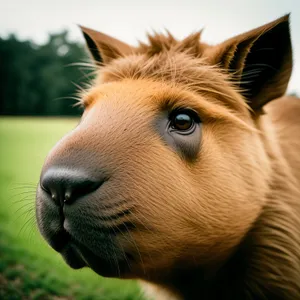 Brown colt grazing in rural horse pasture.