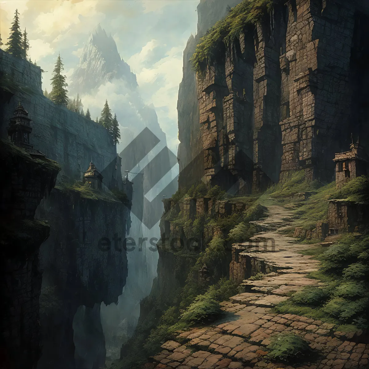 Picture of Ancient Castle atop Majestic Mountain