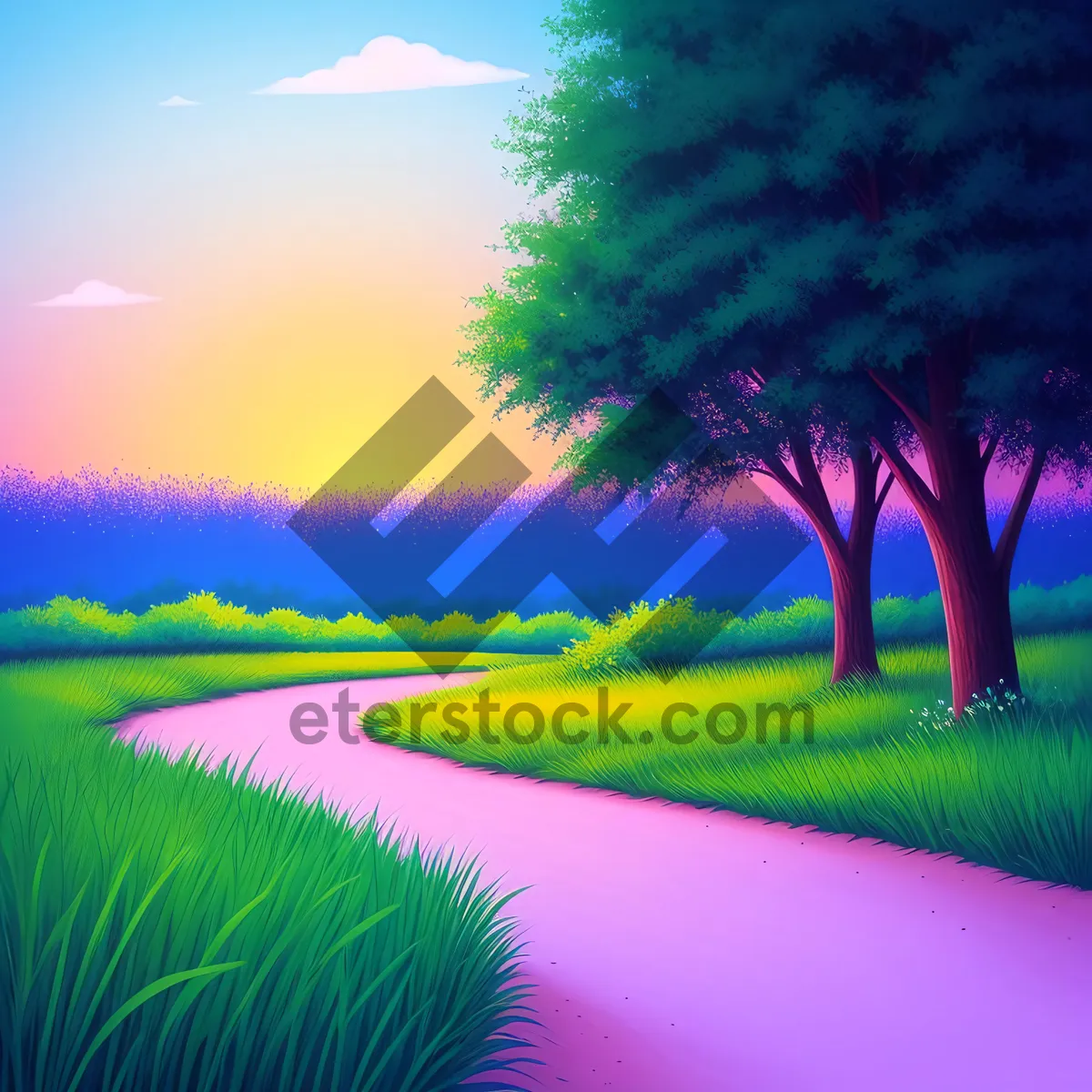 Picture of Colorful Sunset over Reflecting Lake in Rural Landscape.