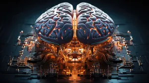 Sci-fi concept. The central computer processor in the form of an artificial brain microchip as the main element of the artificial intelligence system is installed on the motherboard of the supercomputer