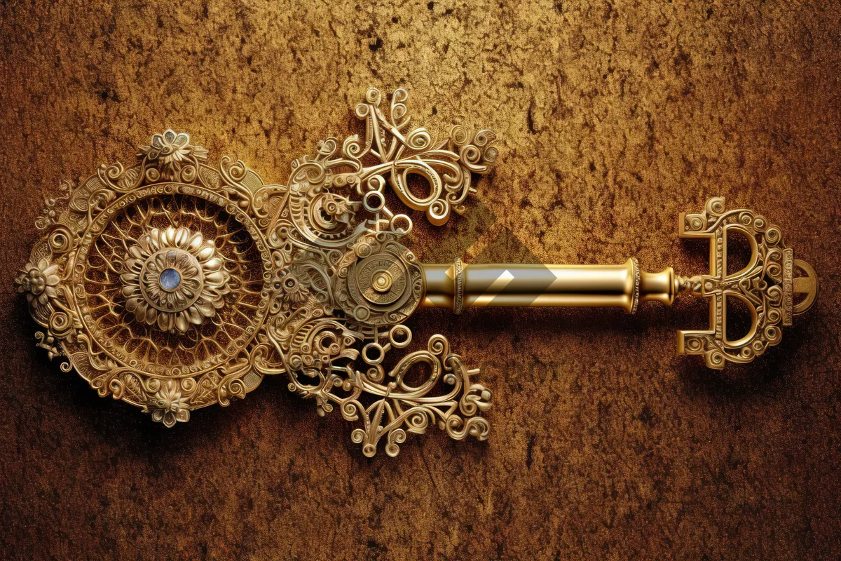 Picture of Antique golden key with intricate metal mechanism.