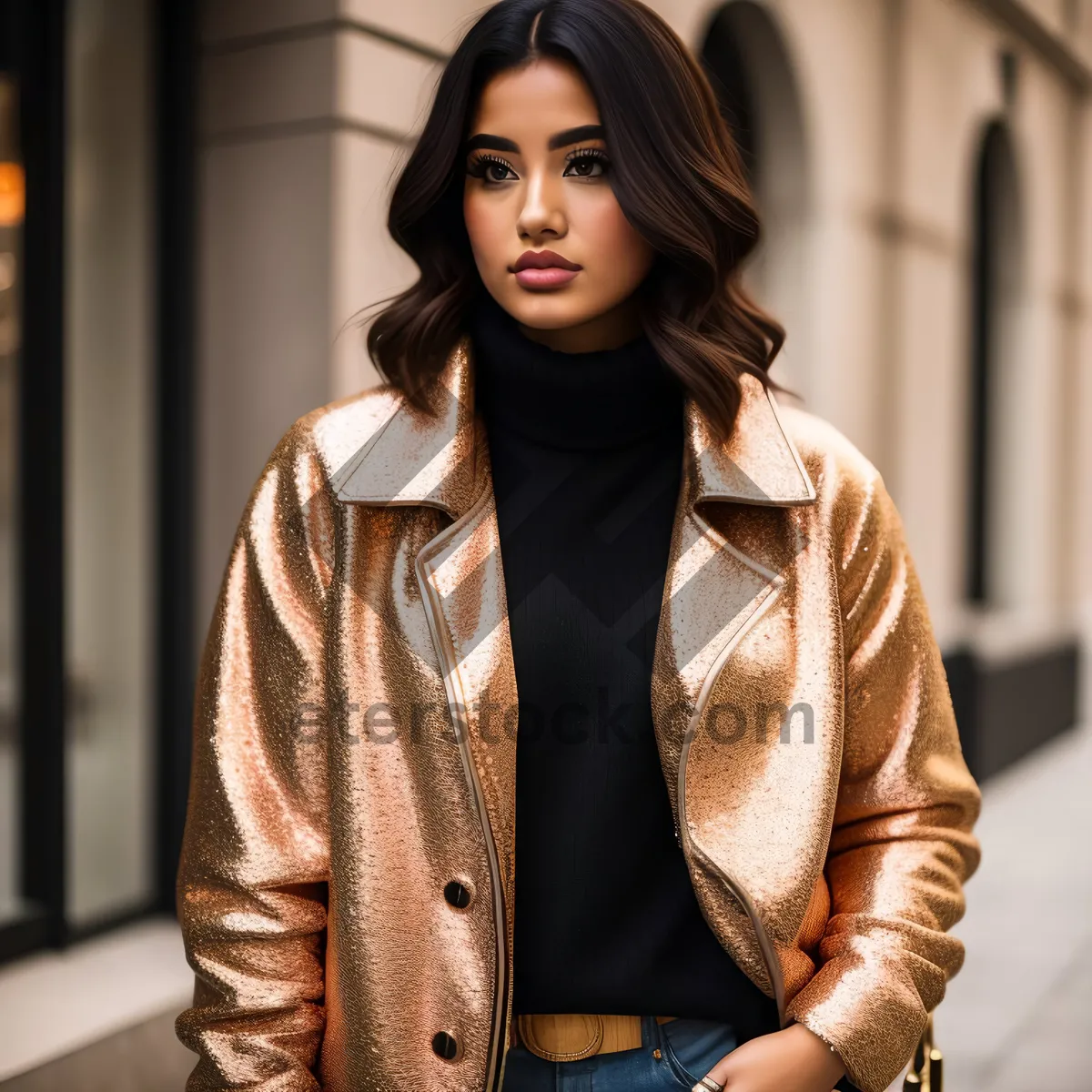 Picture of Attractive brunette businesswoman in sweater smiling happily.