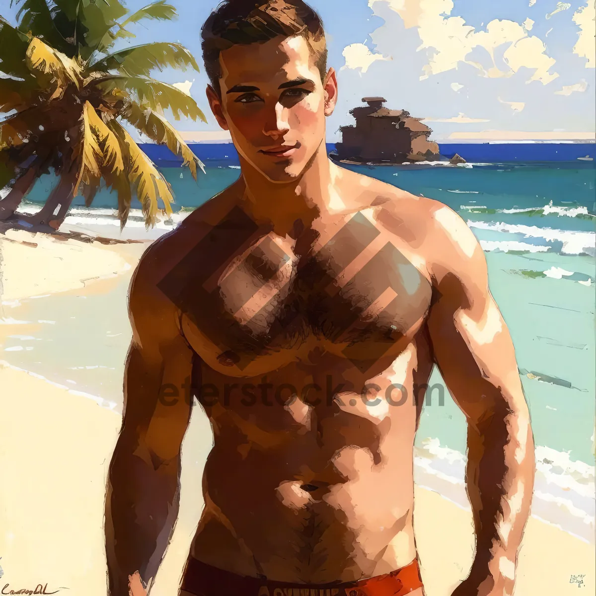 Picture of Muscular man in sexy swimsuit enjoying tropical beach vacation.