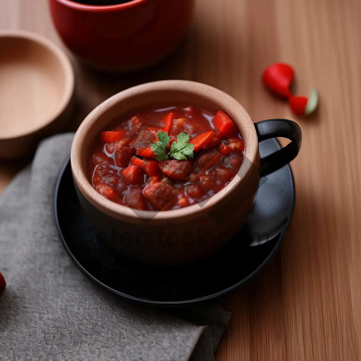 Picture of Delicious vegetable soup bowl with pepper and tomato.