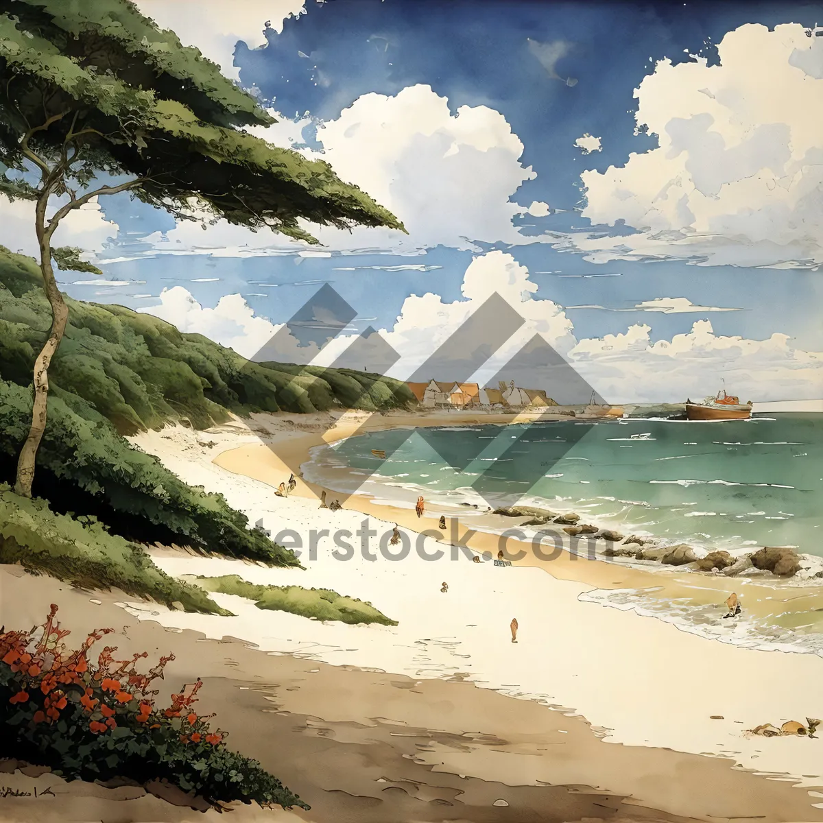 Picture of Serene Beach Paradise with Palm Trees and Waves