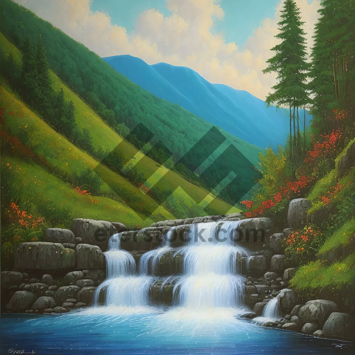 Picture of Serene Waterfall in Majestic Mountain Landscape