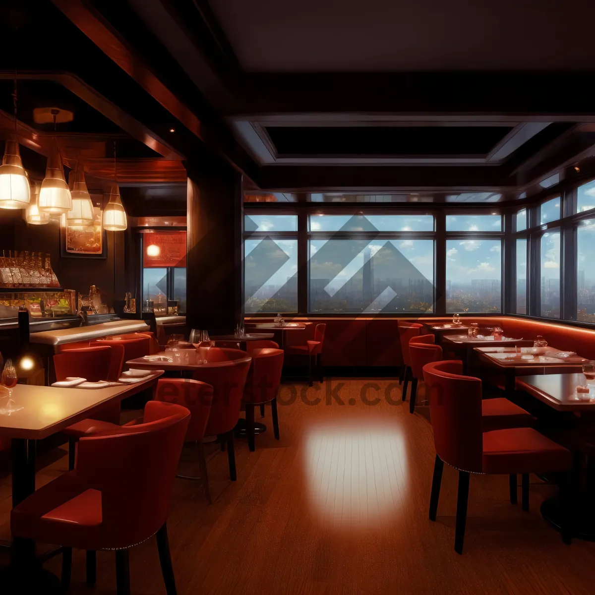 Picture of Modern restaurant interior with stylish wood furniture and lighting