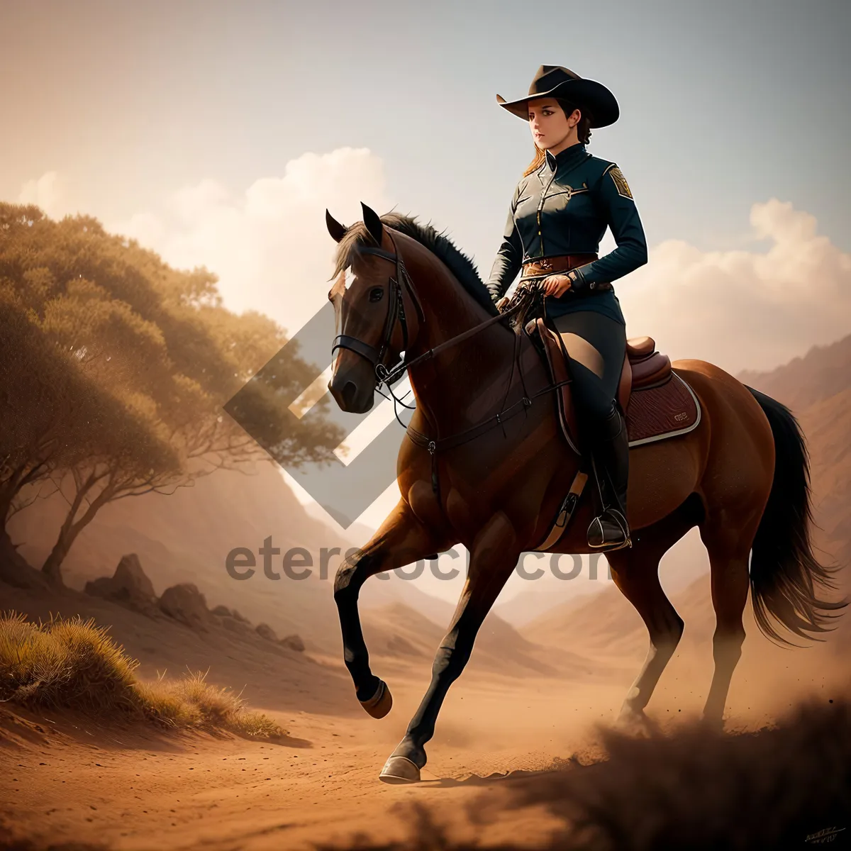 Picture of Outdoor Equestrian Riding: Majestic Brown Stallion on Ranch