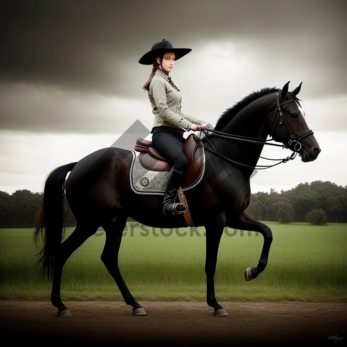 Picture of Stunning Stallion's Equestrian Riding Gear on Grass