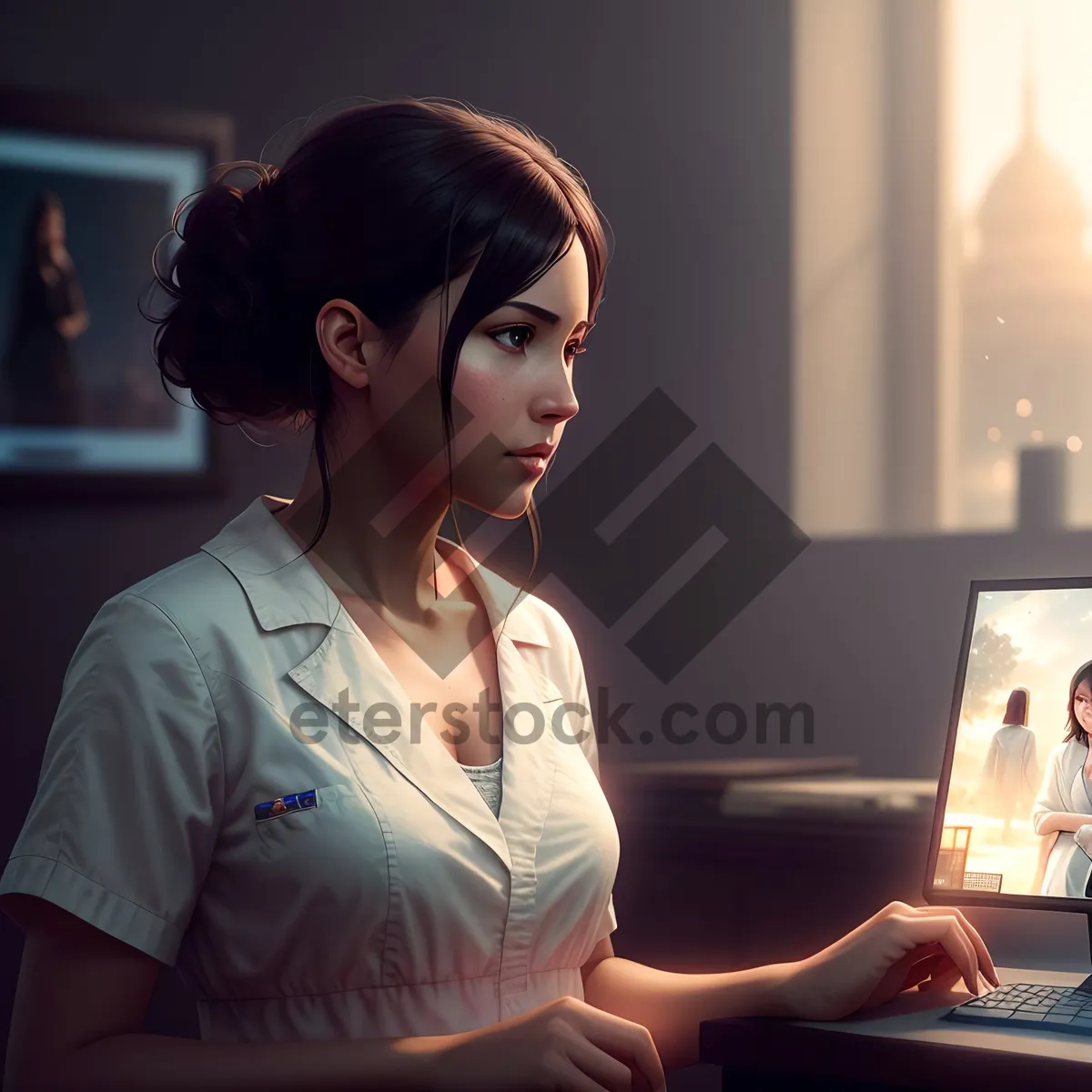 Picture of Smiling Businesswoman Working on Laptop in Office
