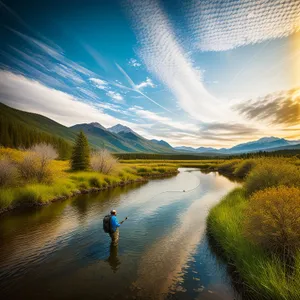 Golden Sunset Reflection over Meadow and Lake