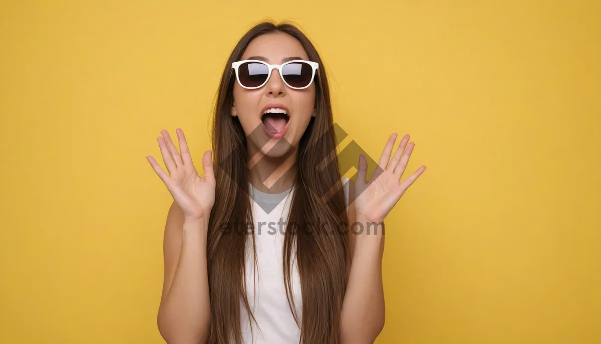 Picture of Attractive woman in sunglasses posing in studio portrait.