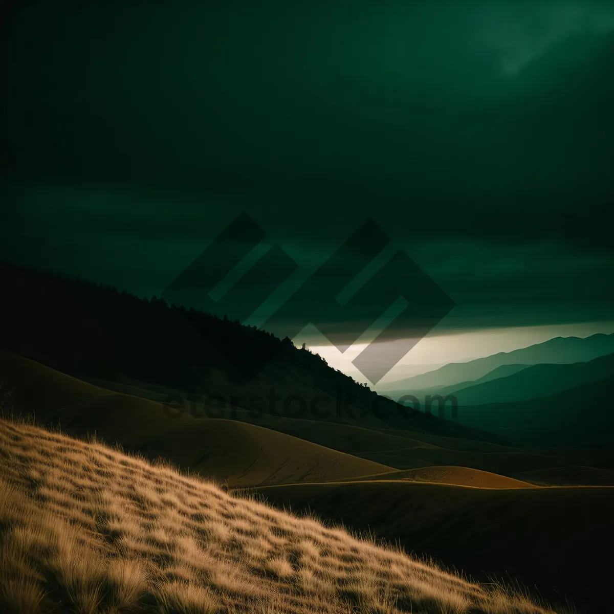 Picture of Serenity at Sunset: Majestic Mountains and Rolling Fields