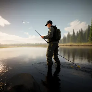 Male Fisherman Reeling in Coho Salmon