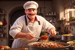 Happy waiter serving meal in restaurant kitchen.