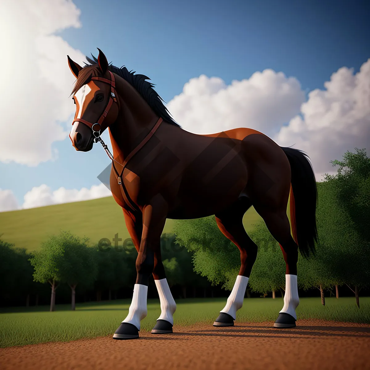 Picture of Thoroughbred Stallion Grazing in a Green Meadow