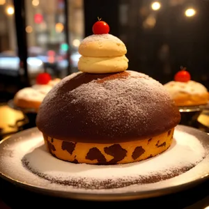Creamy tea dessert in pot and cheeseburger plate concept