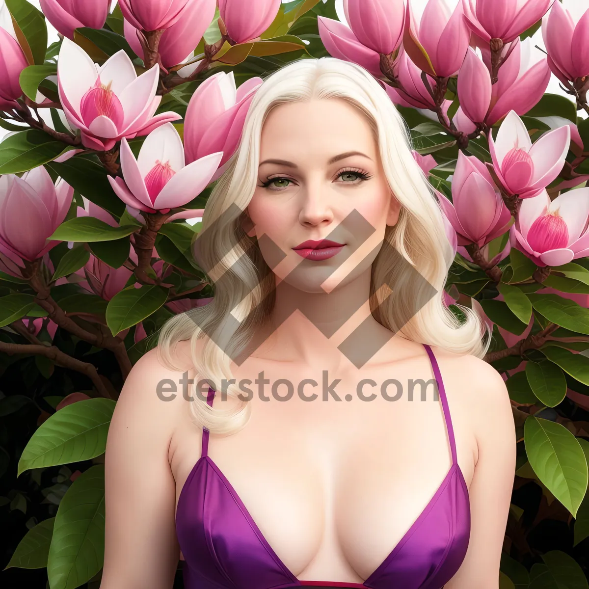 Picture of Happy Smiling Lady with Fresh Pink Tulip Bouquet