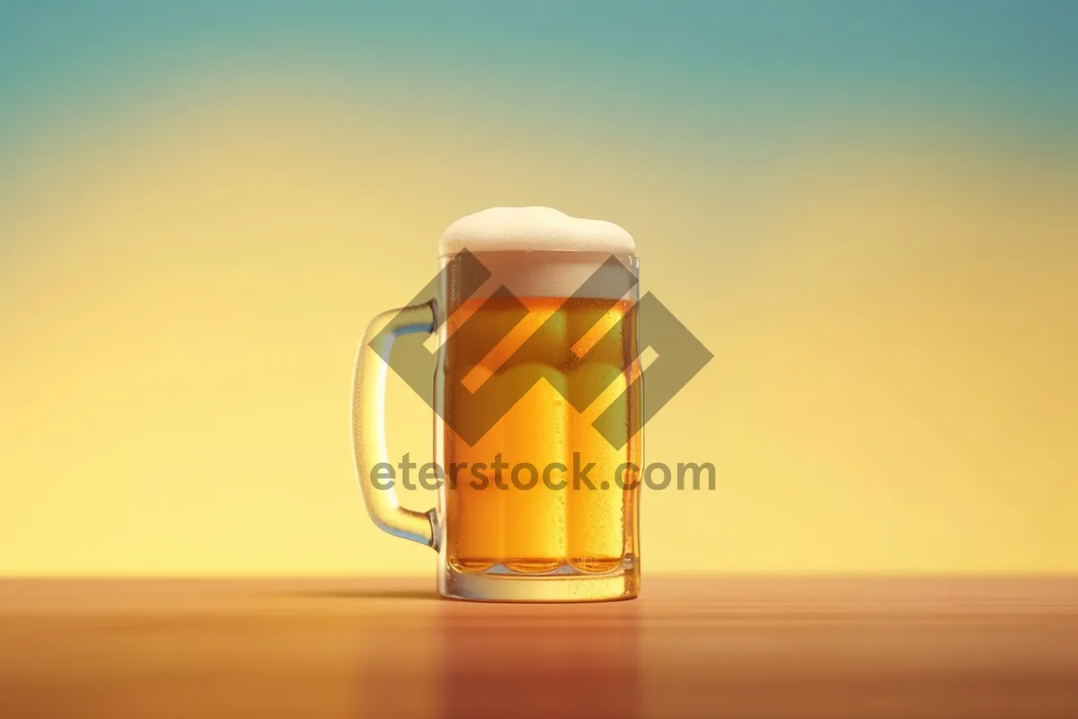 Picture of Yellow frothy beer in glass mug on bar counter.