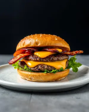 Gourmet cheeseburger with fresh vegetables and crispy bun