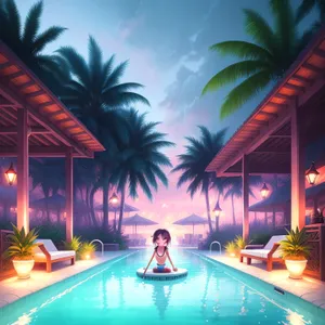 Tropical Paradise Resort Pool at Night