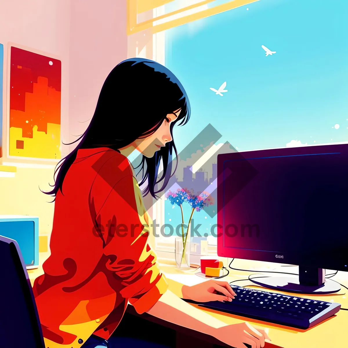Picture of Happy businesswoman working on laptop at office desk.