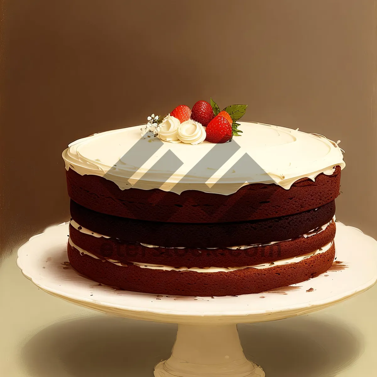 Picture of Delicious strawberry chocolate cake with cream and berries.