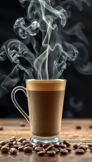 Hot Morning Coffee in Black Mug on Restaurant Table