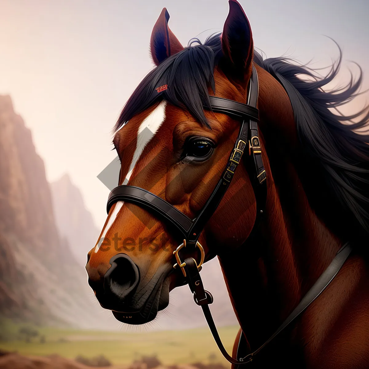 Picture of Brown Thoroughbred Horse with Bridle and Mane