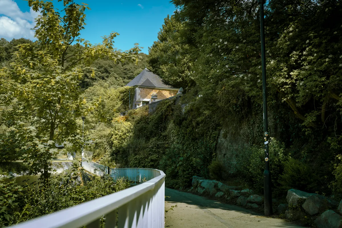 Picture of Wooden house with picket fence in forest landscape