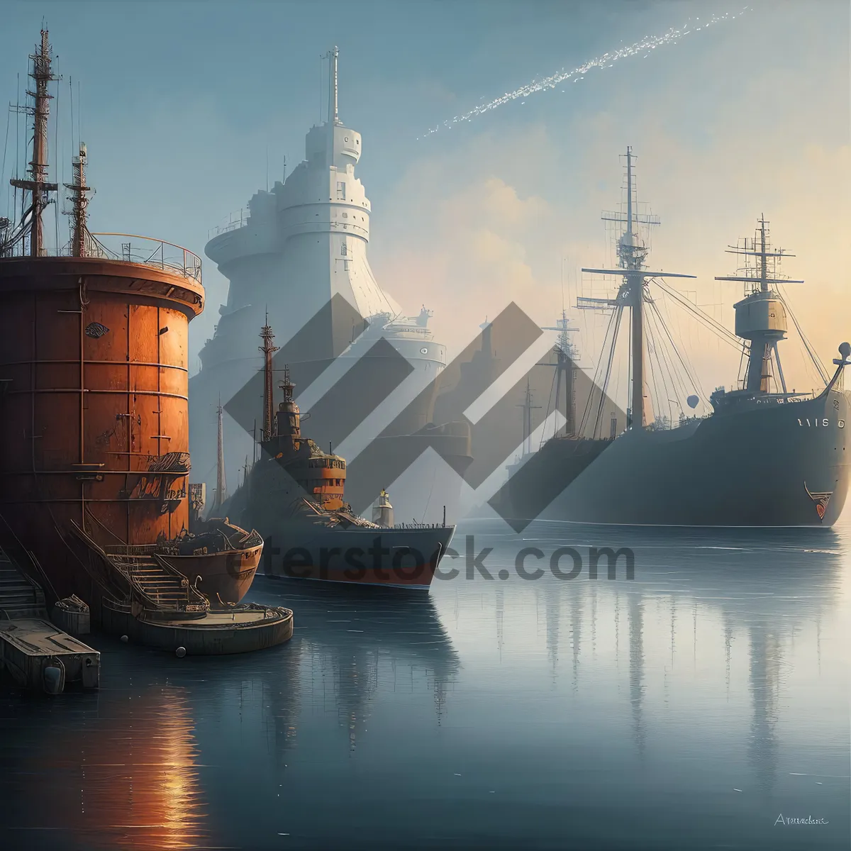 Picture of Vintage Sailboat Overlooking Coastal Harbor