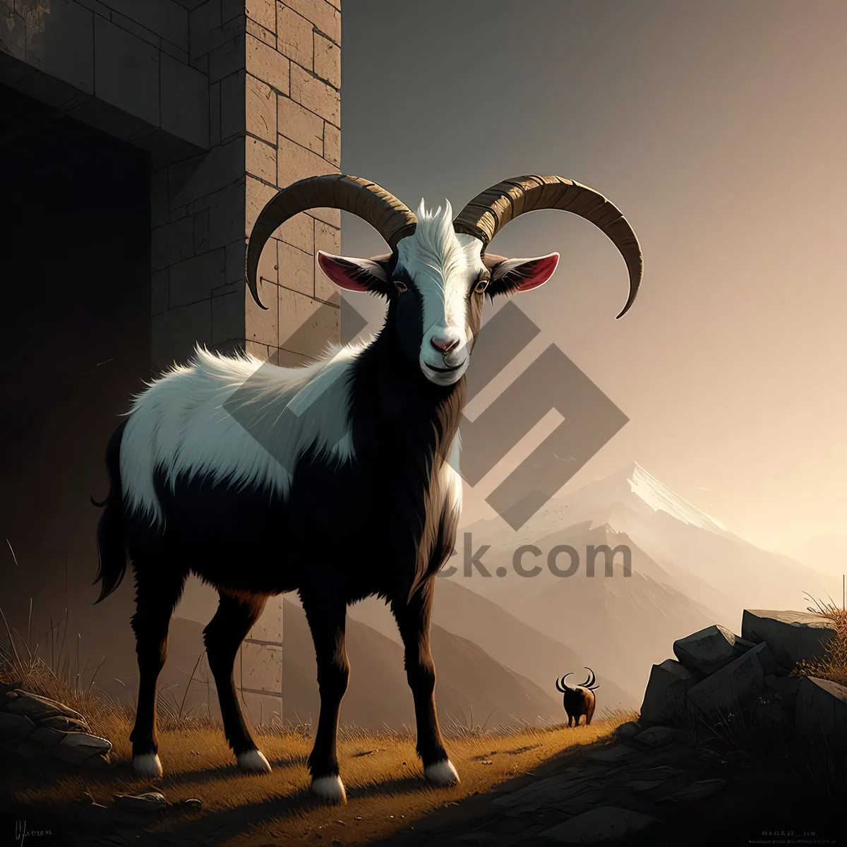 Picture of Wild Mountain Sheep with Majestic Horns in the Grassland