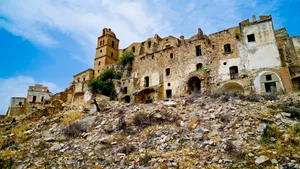 Medieval fortress against blue sky in ancient city.