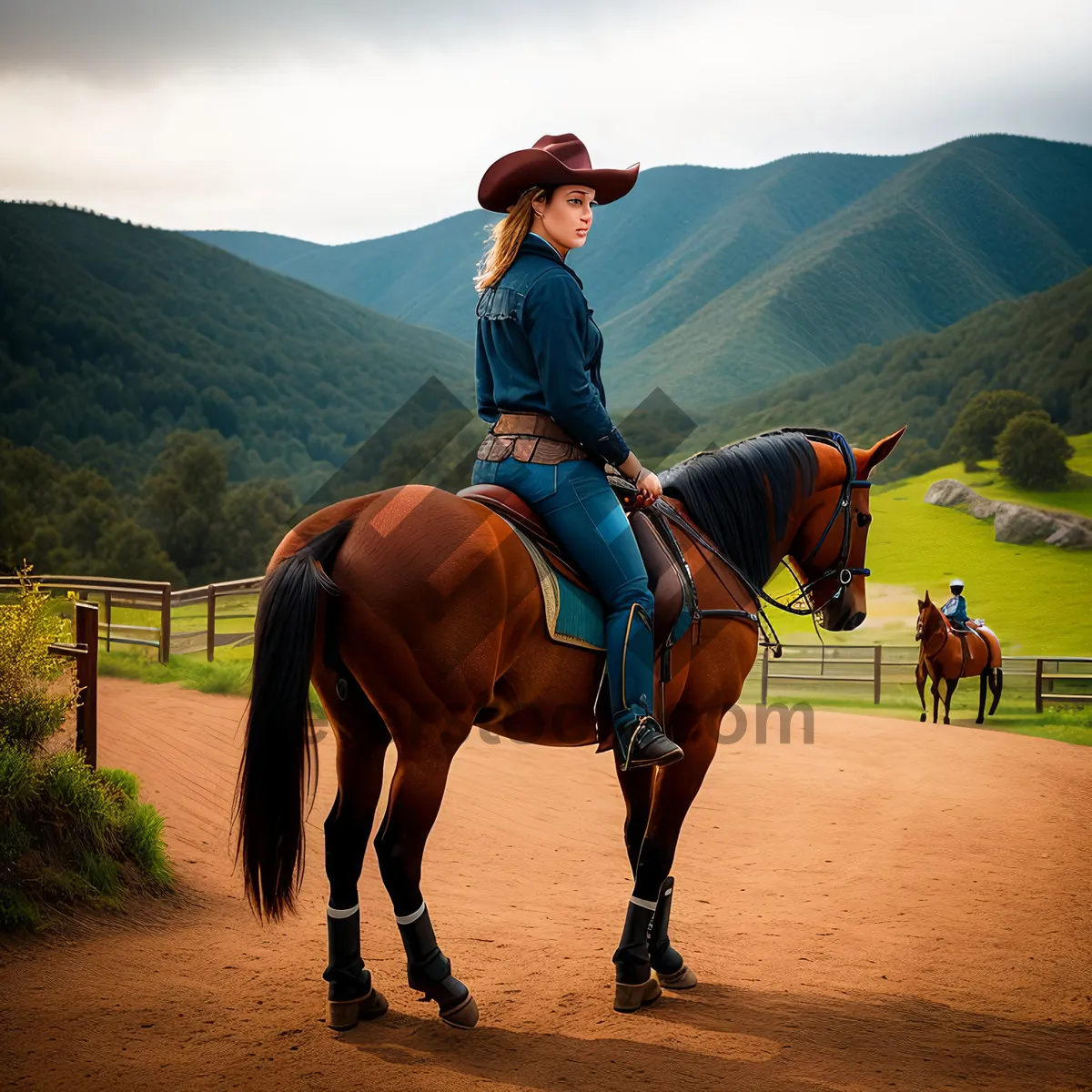 Picture of Rider on Stallion galloping through Ranch