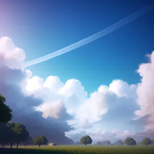 Idyllic sunset landscape with cloudy sky and distant meadow