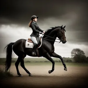 Thoroughbred stallion in equestrian harness riding with polo mallet.