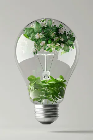 Light bulb in glass container filled with plants