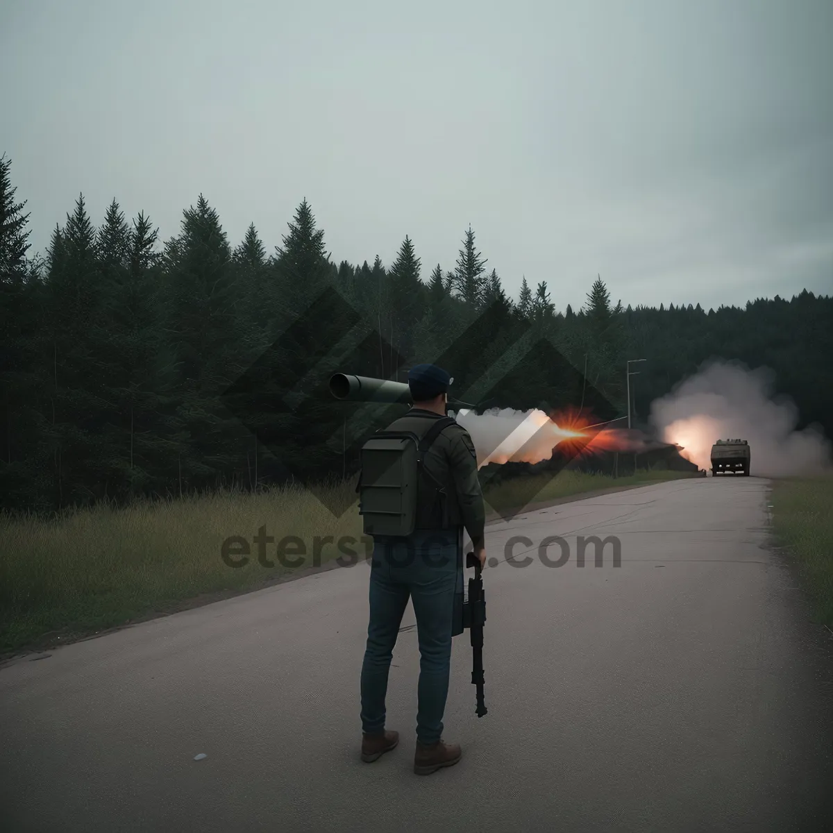 Picture of Man aiming rifle at clay pigeon target