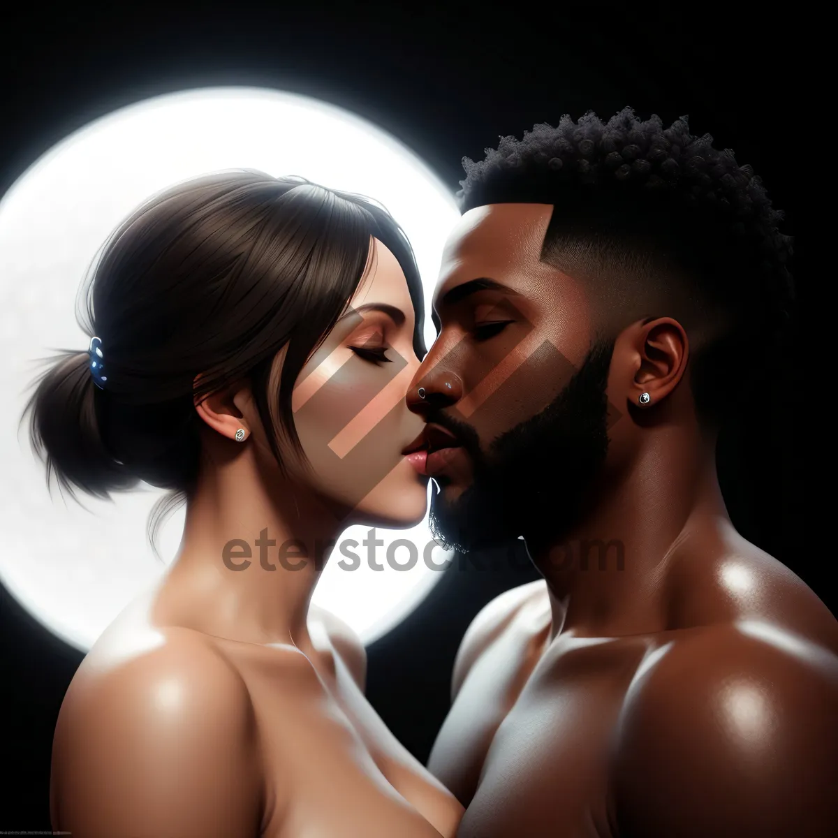 Picture of Sensual Black Studio Portrait: Attractive Couple Embracing Love