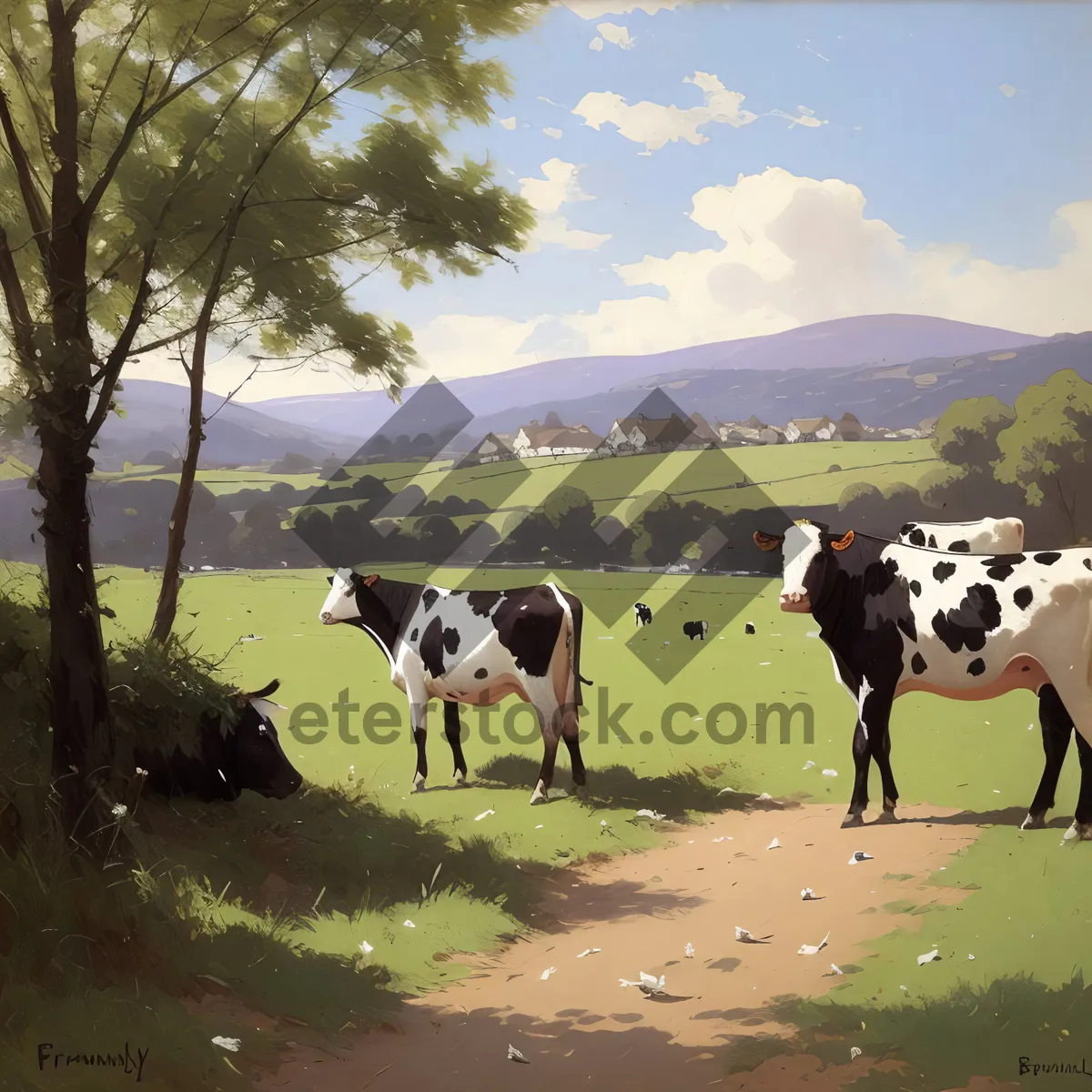 Picture of Cows Grazing on Green Pasture in Rural Farm.