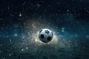 Black soccer ball shooting towards celestial body