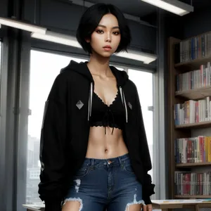 Fashion Model Posing in Library with Books