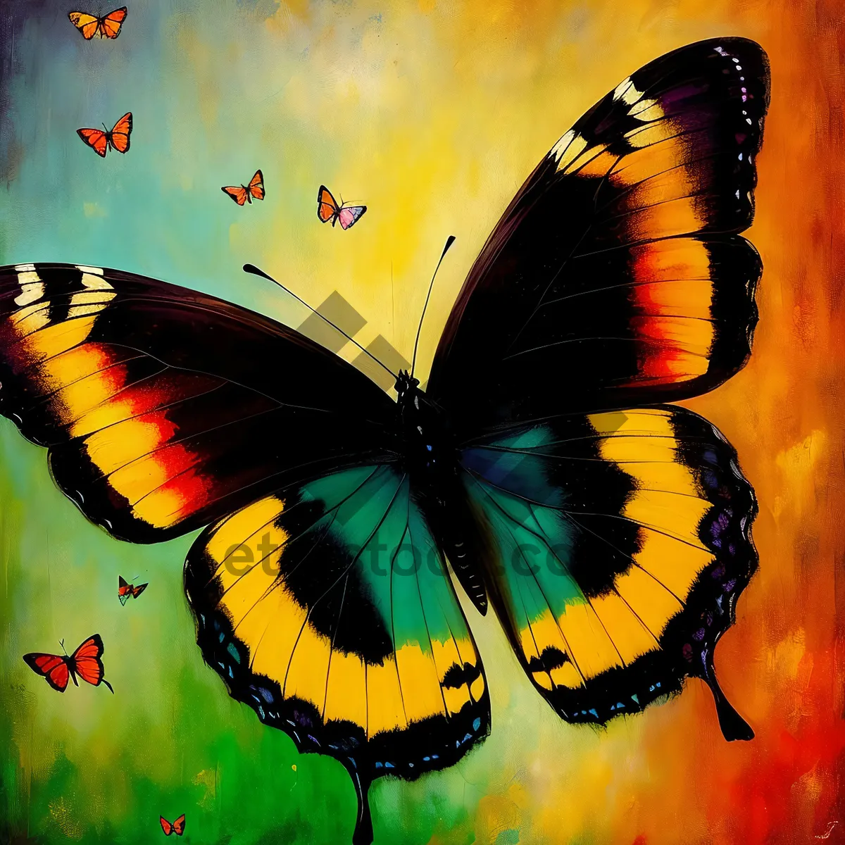 Picture of Colorful Butterfly Flying in Summer Sky with Parachute